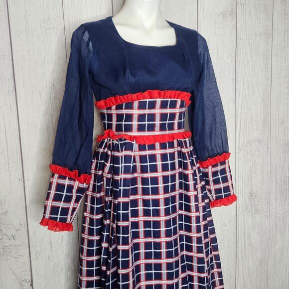 VTG 60s 70s Red/White/Blue Plaid Long Sleeve Prairie Maxi Dress - Picture 2 of 5